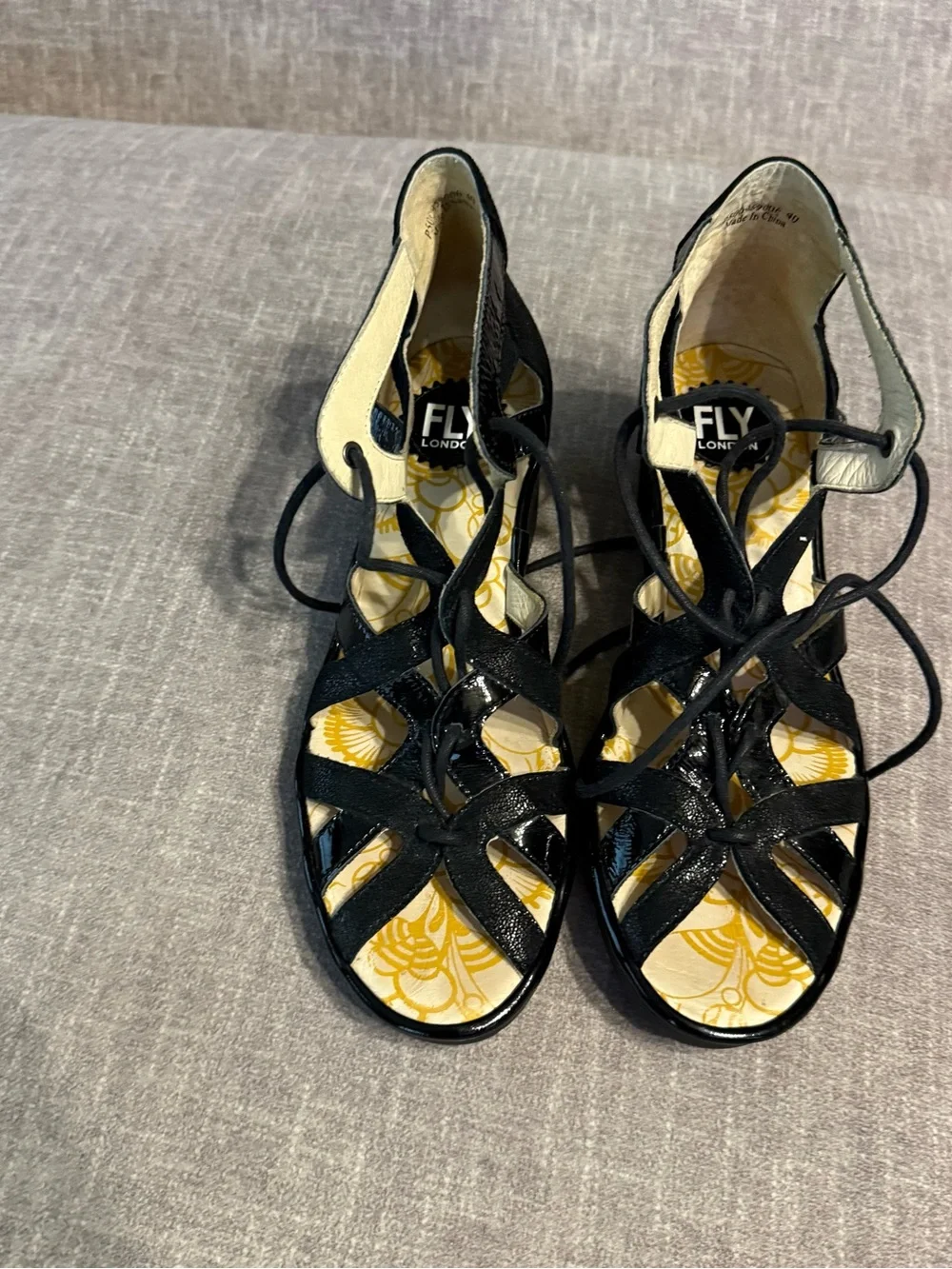 Fly London Black Patent Lace-Up Strappy Heels